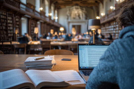 A university study room with open books and laptops A student uses AI to plan assignments and study sessions The mood feels balanced and steady