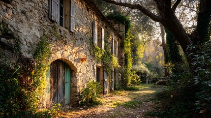Fototapeta premium Sun-drenched pathway leading to an old stone building overgrown with vegetation.