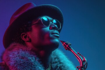 Stylish saxophonist with a hat, shades, and fur coat in vibrant neon lighting. Perfect for music promotion, nightlife events, or jazz festival advertising.