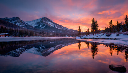 Naklejka premium Vibrant Sunset Reflecting on a Snowy Mountain Lake