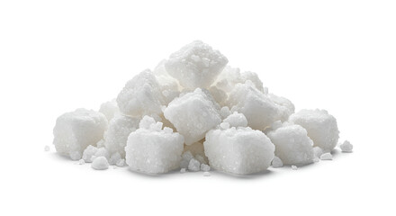 Pile of refined white sugar cubes isolated on white background studio shot