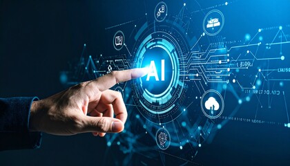 Artificial Intelligence Interface – Glowing AI Circle with Network Icons, Brain, Gear, and Human Interaction