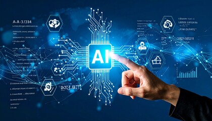 Artificial Intelligence Interface – Glowing AI Circle with Network Icons, Brain, Gear, and Human Interaction