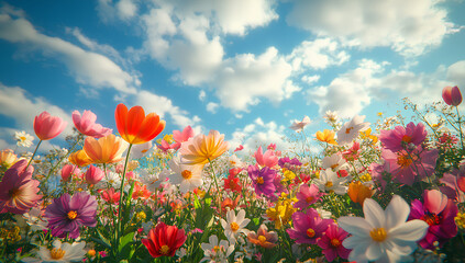 Obraz premium Colorful wildflowers under blue sky with clouds in spring meadow