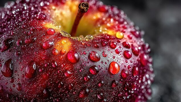 Macro shot of a ripe red apple covered in glistening water droplets - Powered by Adobe