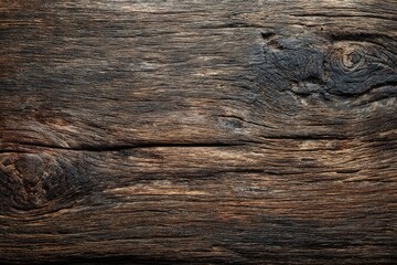 Naklejka premium Close-up view of weathered, dark brown wood plank. Knots and grain are prominent