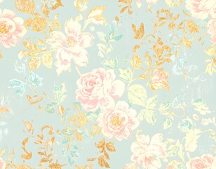 Pastel floral pattern on a light blue background.  Roses and gold leaf details
