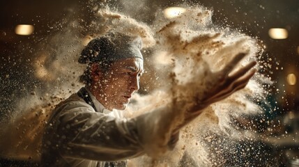 Chef throws flour into air, creating dust cloud effect. It represents passion, cooking creativity, and culinary expertise.