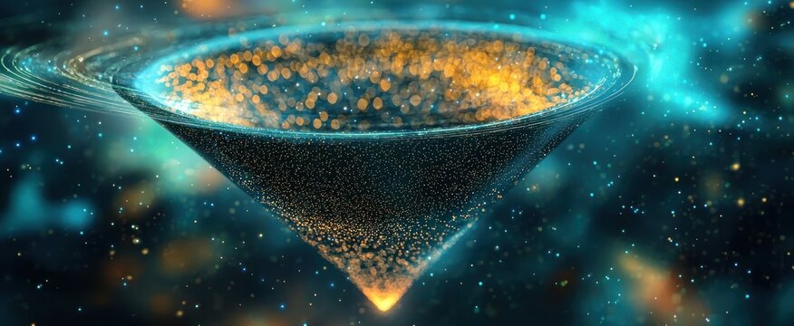 Abstract image of a funnel in the form of a starry sky or space, consisting of points, lines, and shapes in the form of planets, stars and the universe. 