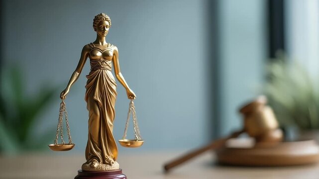 Golden Lady Justice statue holding scales with gavel representing legal system
