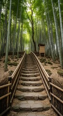 Obraz premium Vertical Portrait Wallpaper Ascending Stone Steps Through a Serene Bamboo Forest