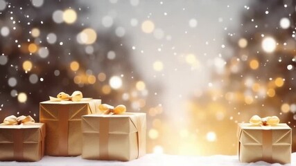 New Year presents. Sale and winter shopping concept. Closeup of paper gift boxes. Set of wrapped gifts outdoor with Christmas festive background during snowing with copy space.