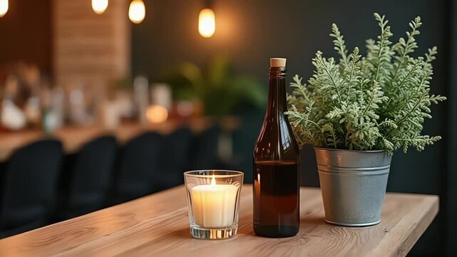 Serene table setting with candle, bottle and plant creating an intimate ambiance