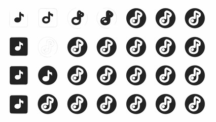 Arrangement of musical note icons in varying styles and shapes on a white background display image