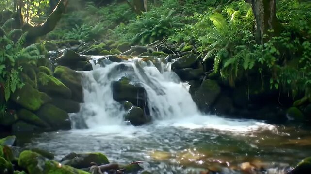 Peaceful small waterfall flowing in lush green forest