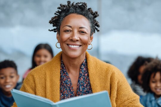 National Read A Book Day Celebration with Joyful Teacher and Laughing Students, Authentic Autumn Literacy Promotion for Family and Education Marketing Campaigns
