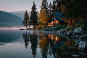 Obraz premium Cozy wooden cabin illuminated by warm light on a misty lake at dawn