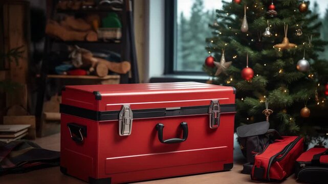 Set of wrenches in red box near Christmas tree with copy space. Merry Christmas and Happy New Years Handy Construction Tools background concept. Tools kit in a big case, toolbox as a Christmas gift