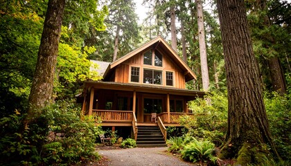 Cozy cabin nestled in a lush forest