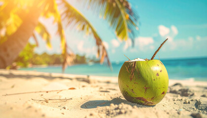 A refreshing coconut drink on a sandy beach with a beautiful ocean view under the sun.