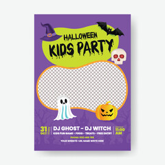Halloween Celebration Kids Party Poster Template – Trick or Treat, Costume Boo Party, Pumpkin and Ghost Illustration, A4 Flyer, Leaflet, Event Brochure, Background with Image Space