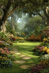Colorful Garden Path With Lush Flowers And Wooden Chairs