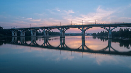A majestic concrete bridge with multiple arches spans a calm river at twilight, reflecting perfectly in the still water under a pastel sky.