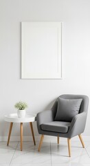 Modern minimalist interior with a grey armchair, featuring a blank vertical portrait frame on a white wall, ideal for art or unique wallpaper.