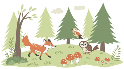 Obraz premium Cute woodland scene illustration featuring a playful fox, two owls, trees, and red mushrooms in a lush forest setting, designed in a soft, flat cartoon style for nature-themed decor.