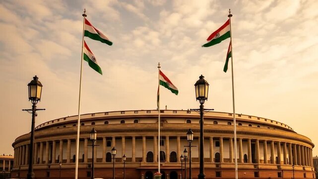 Majestic Indian Parliament House with Waving Flags at Golden Hour.