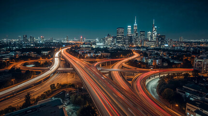 A mesmerizing aerial view captures a vast highway interchange at night, with streaks of light from moving cars creating a dynamic, glowing network against the city skyline.