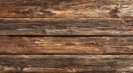 Fototapeta premium Close-up of weathered wooden planks. Horizontal, layered, aged wood texture. Rich brown tones with variations. Natural wood grain visible