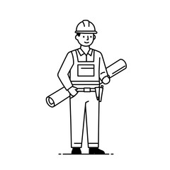 Engineer with blueprints, line art