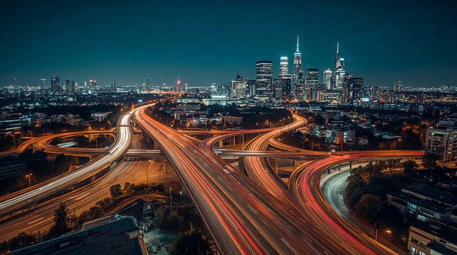 A mesmerizing aerial view captures a vast highway interchange at night, with streaks of light from moving cars creating a dynamic, glowing network against the city skyline.