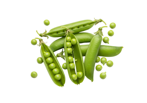 Fresh Green Peas Pods and Shelled Peas Isolated on White Background, Top View. Healthy Vegetable for Diet and Nutrition.