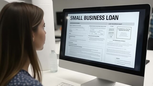 Woman reviews small business loan application on computer for financial planning