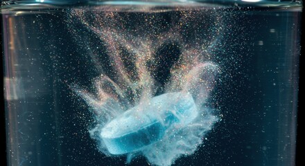 Effervescent tablet dissolving in water, creating a shimmering, dynamic display of dissolution and