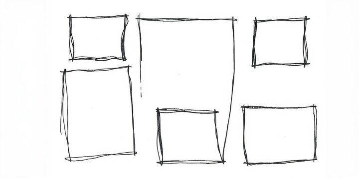 Whimsical, unevenly-drawn frames in various shapes and sizes, sketched in charcoal on white paper, border design, design element