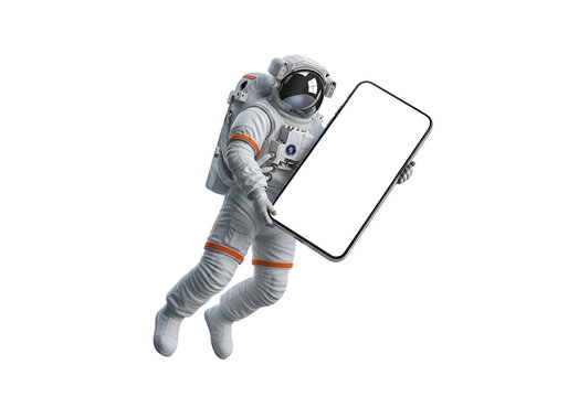 Astronaut Floating with a Smartphone Mockup,Space Explorer Holding a Blank Mobile Phone Screen,Futuristic App and Interstellar Communication,Astronaut in Zero Gravity with a Digital Device