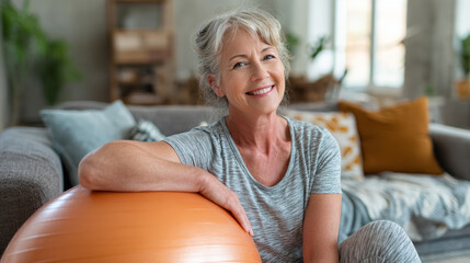 Smiling senior woman in gray sportswear resting on orange exercise ball in cozy living room with natural light and soft cushions