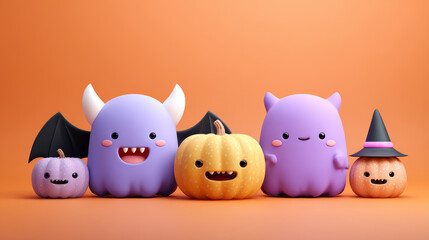 Obraz premium Cute Halloween pumpkin and monster characters with smiling faces and colorful design on orange background