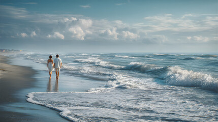 Romantic Stroll: A Couple Enjoys a Peaceful Walk Along the Serene Beach During a Beautiful Sunset, Embracing Love and Tranquility Amidst Nature's Coastal Beauty