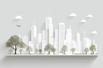 Minimalist cityscape with white skyscrapers and green trees under cloudy sky, showing harmony between urban life and nature in peaceful setting