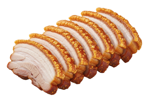 Appetizing Sliced Crispy Roasted Pork Belly Isolated on White Background
