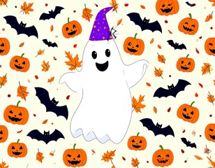 Fototapeta premium Cute ghost in hat on Halloween pattern