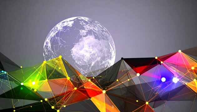 Abstract polygonal landscape with glowing lines and a globe