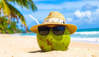 A coconut wearing sunglasses and a hat, enjoying a refreshing drink on a sunny beach.