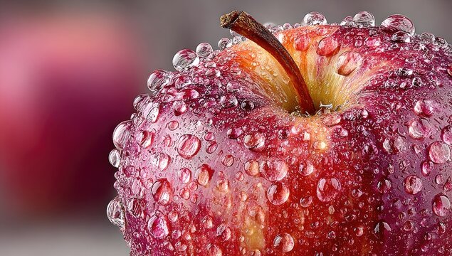 Macro shot of a ripe red apple covered in glistening water droplets