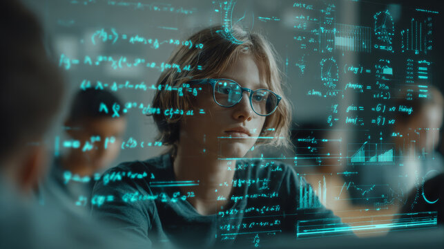 Young student wearing glasses focused on complex mathematical formulas and graphs on transparent screen in classroom