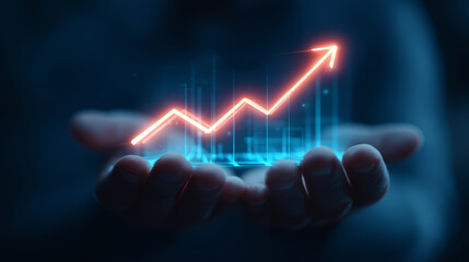 Glowing arrow growth chart hand holding business success financial increase digital graph futuristic blue light upward trend technology concept